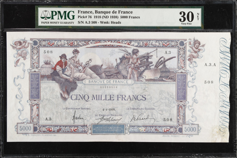 FRANCE. Banque de France. 5000 Francs, 1918 (ND 1938). P-76. PMG Very Fine 30 Ne...