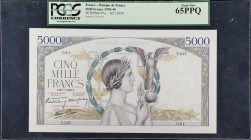 FRANCE. Banque de France. 5000 Francs, 1938-40. P-97a. PCGS Currency Gem New 65 PPQ.
A stunning fully original example with small pinholes at left wh...