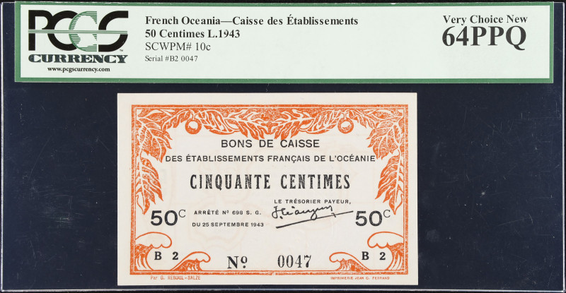 FRENCH OCEANIA. Caisse des Etablissements. 50 Centimes, 1943. P-10c. PCGS Curren...