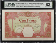 FRENCH WEST AFRICA. Banque de l'Afrique Occidentale. 100 Francs, 1926. P-11Bb. PMG Choice Uncirculated 63.
Watermark of lion's head. Dakar. Out of 26...