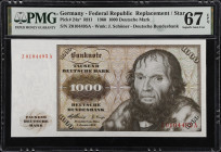 GERMANY, FEDERAL REPUBLIC. Deutsche Bundesbank. 1000 Deutsche Mark, 1960. P-24a*. Replacement. PMG Superb Gem Uncirculated 67 EPQ.
Watermark of J. Sc...
