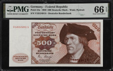 GERMANY, FEDERAL REPUBLIC. Deutsche Bundesbank. 500 Deutsche Mark, 1980. P-35c. PMG Gem Uncirculated 66 EPQ.
Watermark of portrait. A Gem offering of...