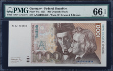 GERMANY, FEDERAL REPUBLIC. Deutsche Bundesbank. 1000 Deutsche Mark, 1991. P-44a. PMG Gem Uncirculated 66 EPQ.
Watermark of W. Grimm and J. Grimm. Alw...