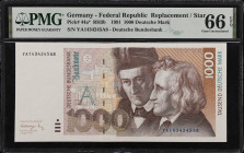 GERMANY, FEDERAL REPUBLIC. Deutsche Bundesbank. 1000 Deutsche Mark, 1991. P-44a*. Replacement. PMG Gem Uncirculated 66 EPQ.
A high denomination repla...
