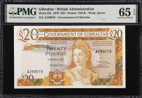 GIBRALTAR. Government of Gibraltar. 20 Pounds, 1979. P-23b. PMG Gem Uncirculated 65 EPQ.
Printed by TDLR. Watermark of QEII. Gem.

Estimate: $400.0...