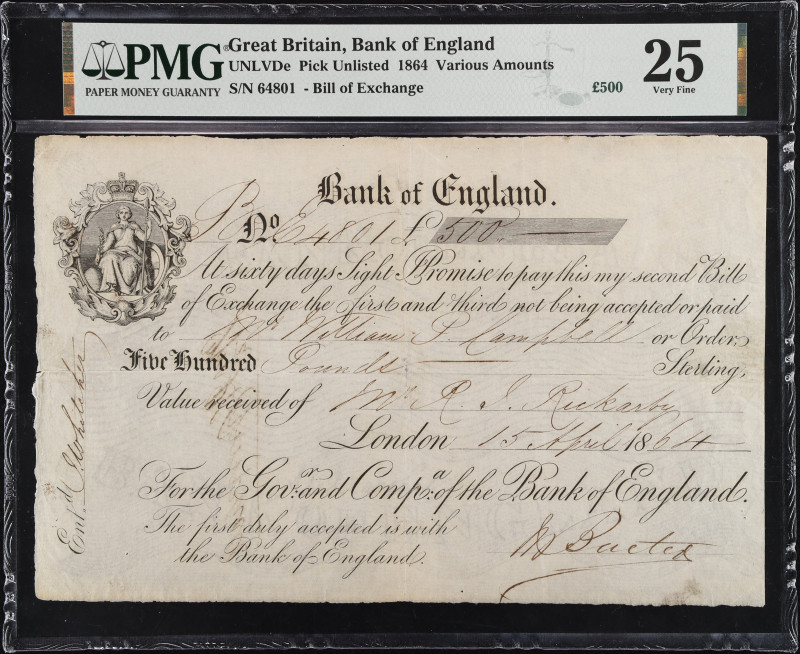 GREAT BRITAIN. Bank of England. 500 Pounds, 1864. P-Unlisted. PMG Very Fine 25....