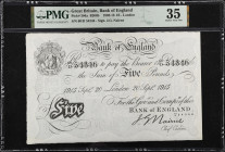 GREAT BRITAIN. Bank of England. 5 Pounds, 1915. P-304a. PMG Choice Very Fine 35.
London. Signature of J.G. Nairne. Dated September 20, 1915. PMG comm...