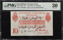 GREAT BRITAIN. Lords Commissioners of His Majesty's Treasury. 10 Shillings, ND (1915). P-348b. PMG Very Fine 30.
Overprint on Great Britain P-348a in...