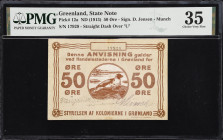 GREENLAND. State Note. 50 Ore, ND (1913). P-12a. PMG Choice Very Fine 35.
Signatures of D. Jensen - Munch. Straight dash over "U". One of just two no...