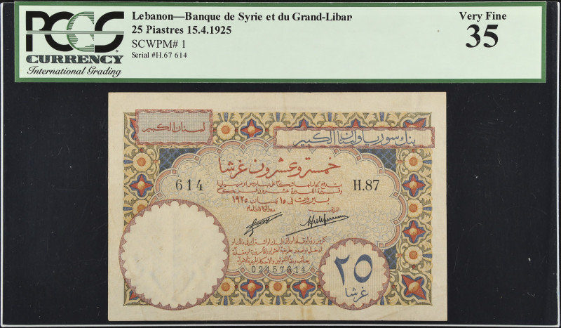 LEBANON. Banque de Syrie et du Grand-Liban. 25 Piastres, 1925. P-1. PCGS Currenc...