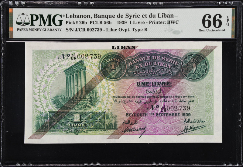 LEBANON. Banque de Syrie et du Liban. 1 Livre, 1939. P-26b. PMG Gem Uncirculated...