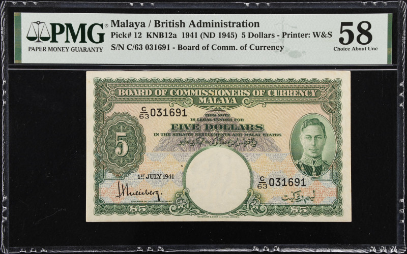 MALAYA. Board of Commissioners of Currency Malaya. 5 Dollars, 1941 (ND 1945). P-...