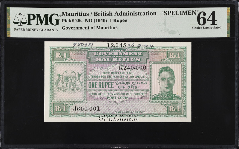 MAURITIUS. The Government of Mauritius. 1 Rupee, ND (1940). P-26s. Specimen. PMG...