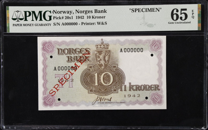 NORWAY. Norges Bank. 10 Kroner, 1942. P-20s1. Specimen. PMG Gem Uncirculated 65 ...