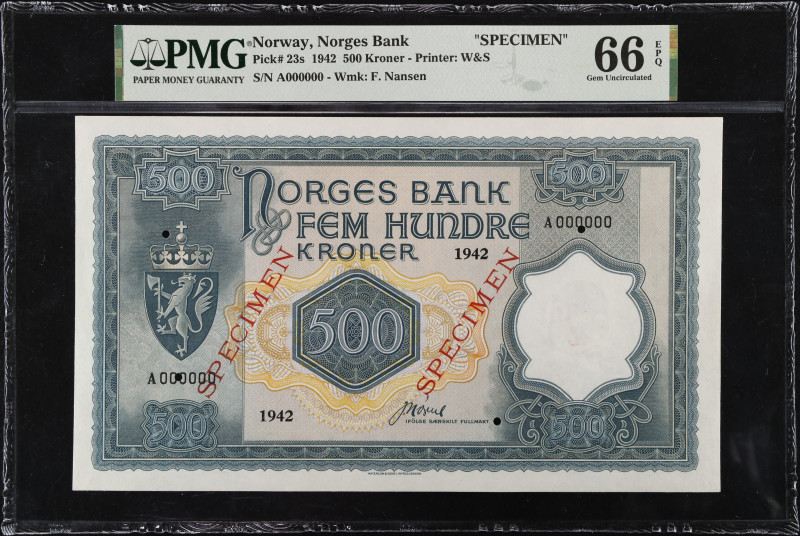 NORWAY. Norges Bank. 500 Kroner, 1942. P-23s. Specimen. PMG Gem Uncirculated 66 ...