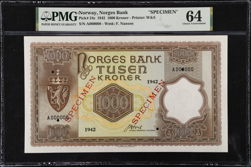 NORWAY. Norges Bank. 1000 Kroner, 1942. P-24s. Specimen. PMG Choice Uncirculated...