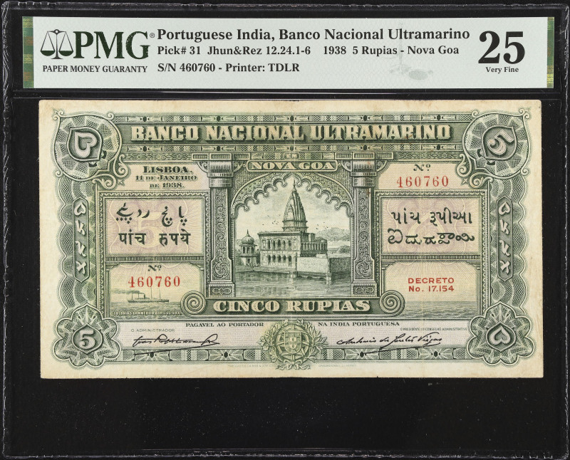 PORTUGUESE INDIA. Banco Nacional Ultramarino. 5 Rupias, 1938. P-31. PMG Very Fin...