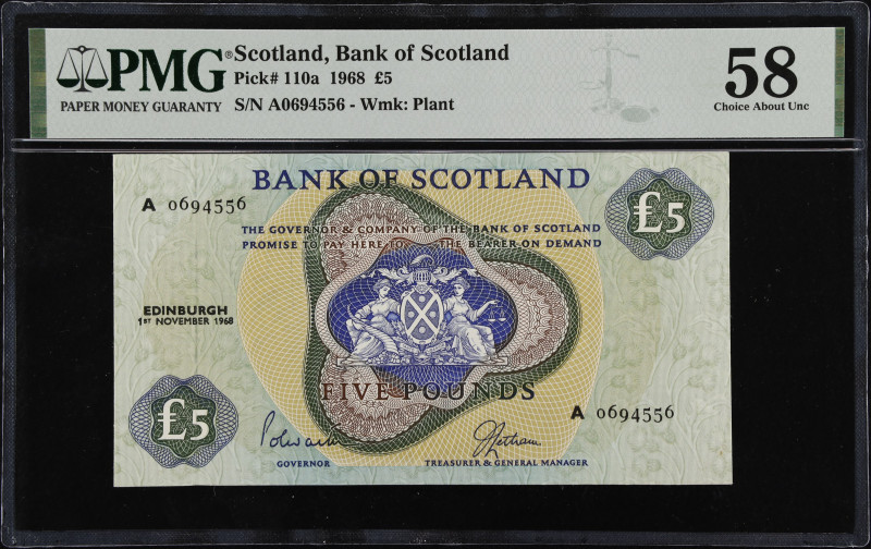 SCOTLAND. Bank of Scotland. 5 Pounds, 1968. P-110a. PMG Choice About Uncirculate...