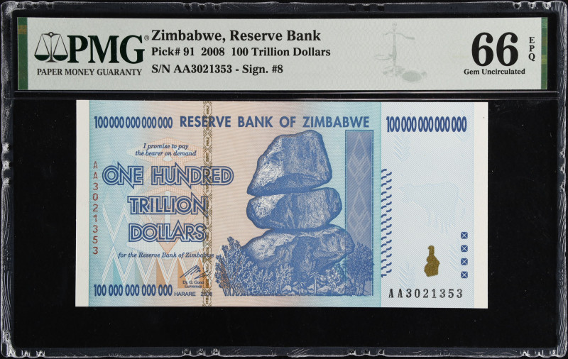 ZIMBABWE. Lot of (4). Reserve Bank of Zimbabwe. 100 Trillion Dollars, 2008. P-91...