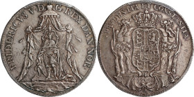 DENMARK. Speciedaler, 1747-A. Copenhagen Mint; mm: heart. Frederik V. PCGS EF-45.
Dav-1299; KM-562. Mintage: 9,250. A one-year issue struck for the c...