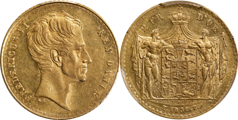 DENMARK. 2 Frederiks d'Or, 1836-CC FF. Altona Mint. Frederik VI. PCGS MS-61.
Fr...