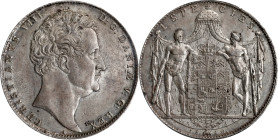 DENMARK. Speciedaler, 1840. Copenhagen Mint; mm: heart. Christian VIII. PCGS MS-61.
Dav-74; KM-720.1. Featuring two wildmen on the reverse, leaning a...