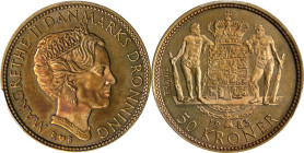 DENMARK. Aluminum-Bronze 50 Kroner Prova (Pattern), 1983-RB. Copenhagen Mint; mm: heart. Margrethe II. PCGS SPECIMEN-66.
KM-Pr26. Mintage: 22. A rath...