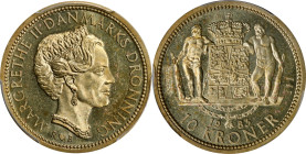 DENMARK. Aluminum-Bronze 10 Kroner Prova (Pattern), 1983-RB "III". Copenhagen Mint; mm: heart. Margrethe II. PCGS SPECIMEN-64.
KM-Pr14. Mintage: 7. A...