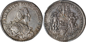 GERMANY. Prussia. Piaster, ND (1751/2)-ICM. Aurich Mint. Friedrich II "the Great". PCGS AU-55.
Dav-2591; KM-Unlisted; Olding-368. Surpassed in the PC...