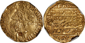 GERMANY. Aachen. Ducat, 1646. NGC VF Details--Obverse Damage.
Fr-9; KM-28. In the name of Emperor Ferdinand III. Despite displaying some light damage...