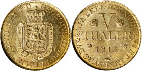 GERMANY. Brunswick-Luneburg: Hannover. 5 Talers, 1813-TW. London Mint. Georg III (George III of Great Britain). PCGS MS-62.
Fr-619; KM-101; Welter-27...