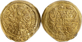 GERMANY. Frankfurt. Ducat, 1655. PCGS MS-63.
Fr-976; KM-104.2. Weight: 3.44 gms. Quite dramatic in its multiple striking, with the lower portion of t...