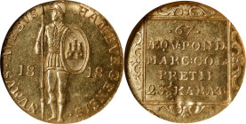 GERMANY. Hamburg. Ducat, 1818. Hamburg Mint. NGC MS-62.
Fr-1141; KM-540. A fairly SCARCE issue, this nearly-Choice specimen glistens with a high leve...
