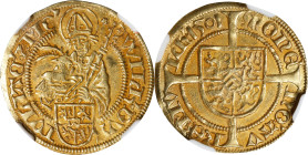 GERMANY. Julich-Berg. Goldgulden, 1501. Mulheim Mint. Wilhelm IV. NGC EF-40.
Fr-1381. Obverse: Half-length bust of St. Hubertus facing slightly left,...