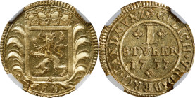 GERMANY. Julich-Berg. Gold Stuber Pattern or Off-Metal Srike, 1737-FO. Karl Philipp. NGC MS-63.
Fr-Unlisted; cf. KM-187 (for regular issue). An IMMEN...