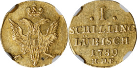 GERMANY. Lubeck. Gold Schilling Pattern or Off-Metal Strike of 1/2 Ducat Weight, 1789-HDF. Free City. NGC AU-58.
Fr-Unlisted; KM-Pn31. An interesting...