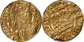 GERMANY. Silesia: Munsterberg-Oels. Ducat, 1530. Reichenstein Mint. Karl I. NGC MS-63.
Fr-3228; KM (MB)-19. Obverse: St. Christopher standing facing,...