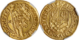 GERMANY. Silesia: Munsterberg-Oels. Ducat, 1535. Reichenstein Mint. Karl I. NGC MS-64.
Fr-322; KM (MB)-19. Obverse: St. Christopher standing facing, ...
