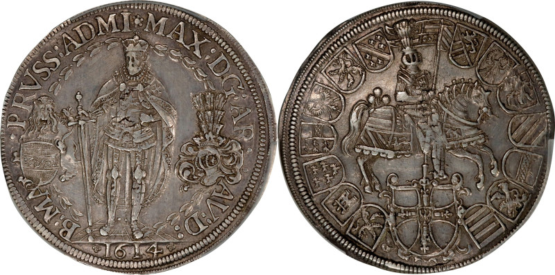 GERMANY. Teutonic Order. 2 Talers, 1614. Hall Mint. Maximilian (as Grand Master)...