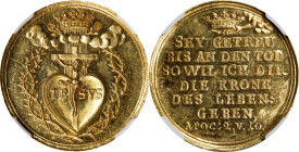 GERMANY. Medallic Issues. Nuremberg. Gold Medal of 2 Ducats Weight, ND (ca. mid 18th Century). NGC MS-62.
cf. Erlanger-2445 (Ducat weight); cf. GPH-1...