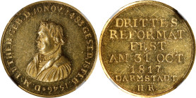 GERMANY. Medallic Issues. Hesse-Darmstadt. Gold Medallic Ducat, 1817. NGC MS-61.
Fr-1229; cf. Brozatus-1216 (silver); Whiting-546. By H. Roessler. Co...
