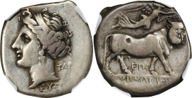 ITALY. Campania. Neapolis. AR Didrachm (Nomos), ca. 275-250 B.C. NGC FINE. Scratches.
HGC-1, 454; HN Italy-586. Obverse: Female head left, hair bound...