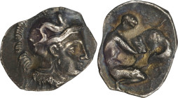 ITALY. Calabria. Tarentum. AR Diobol, ca. 325-280 B.C. NGC EF.
HGC-1, 934; HN Italy-976. Obverse: Head of Athena right, wearing crested Attic helmet ...