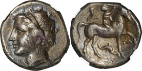 ITALY. Calabria. Tarentum. Campano-Tarentine. AR Didrachm (Nomos), ca. 281-228 B.C. NGC VF. Edge Marks.
HGC-1, 951; HN Italy-1098. Reduced standard. ...