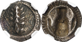 ITALY. Lucania. Metapontion. AR Triobol, ca. 470-440 B.C. NGC EF.
HGC-1, 1071; HN Italy-1487. Obverse: Grain ear; Reverse: Incuse facing bull head. W...