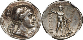 ITALY. Bruttium. The Brettii. AR Drachm, ca. 216-214 B.C. NGC EF. Light Smoothing.
HGC-1, 1356; HN Italy-1958; SNG Cop-1617. Obverse: Diademed and dr...