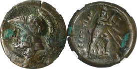 ITALY. Bruttium. The Brettii. AE Double Unit, ca. 211-208 B.C. NGC Ch VF.
HGC-1, 1362; HN Italy-1987. Obverse: Head of Ares left, wearing crested Cor...