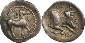 SICILY. Gela. AR Litra, ca. 465-450 B.C. NGC VF.
HGC-2, 373; SNG ANS, 54-61. Obverse: Horse standing to right with bridle; wreath above; Reverse: For...