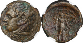 SICILY. Syracuse. Pyrrhos of Epeiros, ca. 278-276 B.C. AE 24 mm, ca. 278-276 B.C. NGC EF.
HGC-2, 1450; SNG ANS-844. Obverse: Head of Herakles left, w...