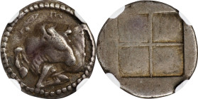 MACEDON. Akanthos. AR Tetrobol, ca. 430-390 B.C. NGC Ch VF.
HGC-1, 392. Obverse: Forepart of bull left, head looking back; olive leaf above; Reverse:...